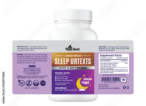 Vibrant sleep Eye-catching supplement label design for sleep formula with bold fonts, gradient effects, natural sleep, and relaxation. Ideal for wellness bottle jar pouch bag products