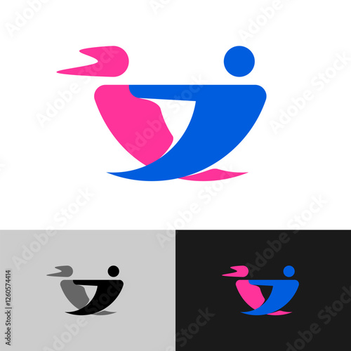 Two dancing people stylized logo. Dance training school colorful symbol. Woman and man figures moving together in a sport dancing performance.