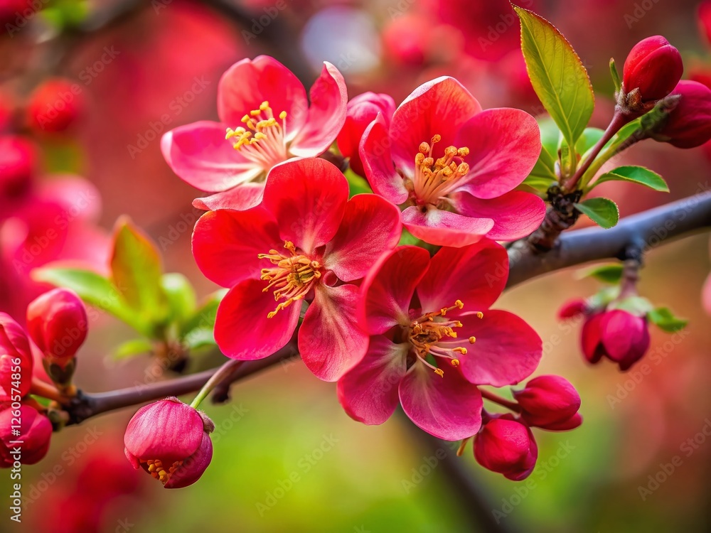 Fototapeta premium Close-up of Delicate Red Apple Blossoms on Branch - Spring Awakening