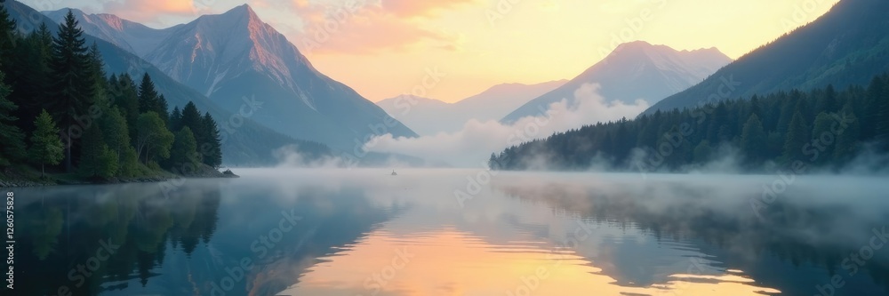 Fototapeta premium misty lake surface reflected serene mountain landscape at dawn with soft warm sunlight filtering through the trees, mist, water