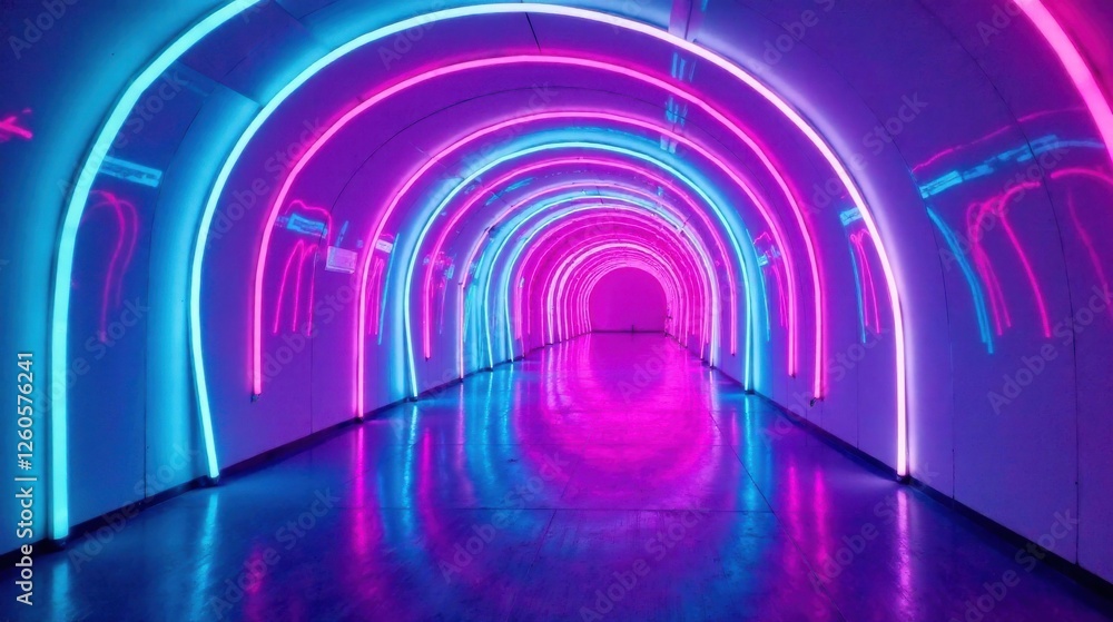 Obraz premium A vibrant, glowing passageway with neon arches and a reflective floor, creating a futuristic and immersive experience