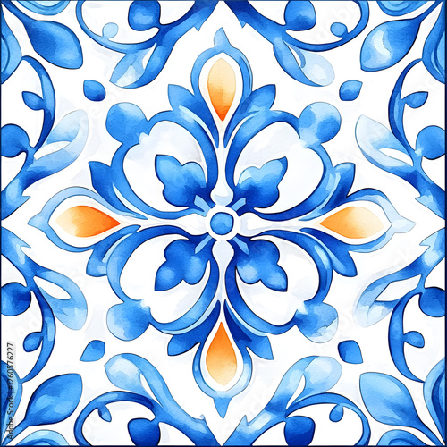 Watercolor artwork, blue and yellow azulejos tile Traditional Portuguese Mosaic