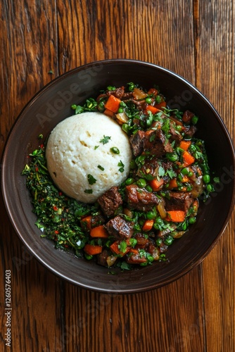 Fototapeta Naklejka Na Ścianę i Meble -  Delicious Ugandan food served, meat, posho, vegetables and greens for lunch