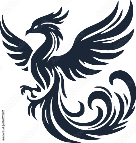 Phoenix. Vector illustration of fire bird in tattoo style. Logo for a sports team or fashionable clothes. Mythical symbol of freedom, rebirth and rising. Phoenix emblem