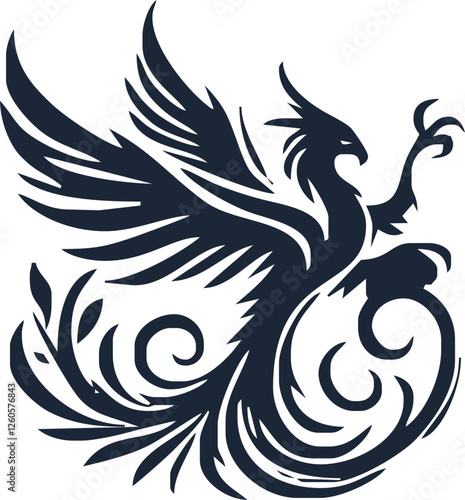 Phoenix. Vector illustration of fire bird in tattoo style. Logo for a sports team or fashionable clothes. Mythical symbol of freedom, rebirth and rising. Phoenix emblem