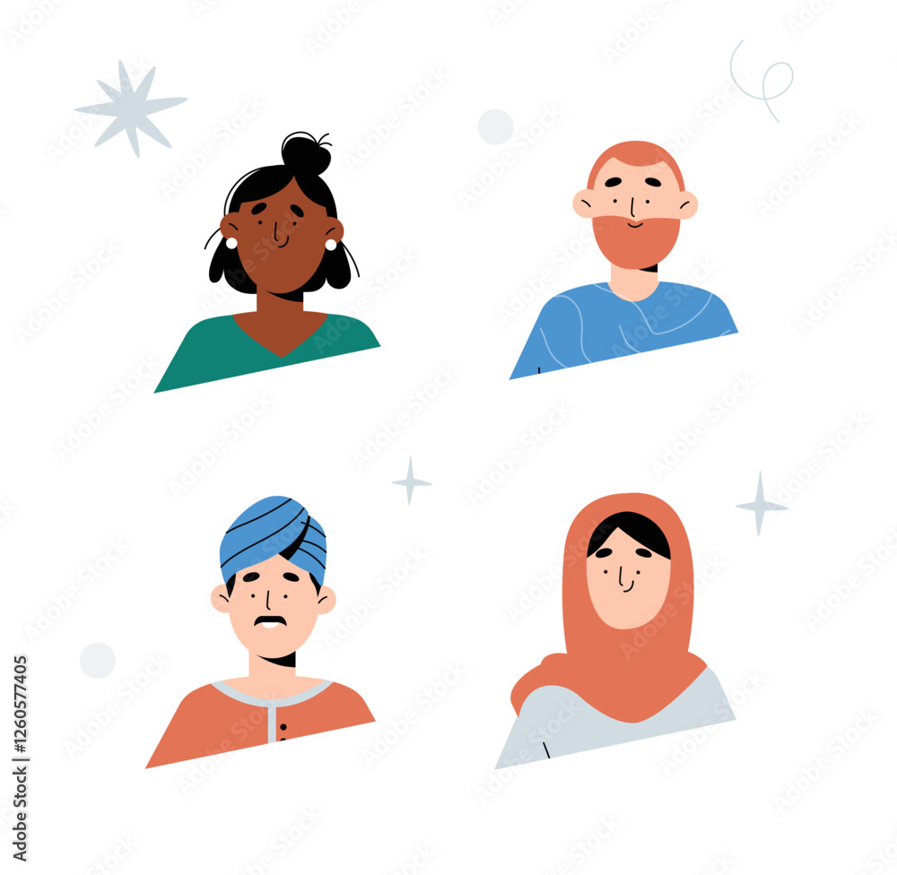 Diverse Male And Female Avatars In Flat Vector Illustration Symbolizing Cultural Diversity, Representation, And Inclusivity, Isolated On White Background