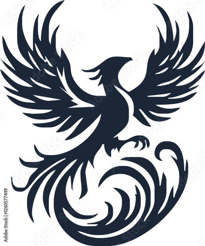 Phoenix. Vector illustration of fire bird in tattoo style. Logo for a sports team or fashionable clothes. Mythical symbol of freedom, rebirth and rising. Phoenix emblem