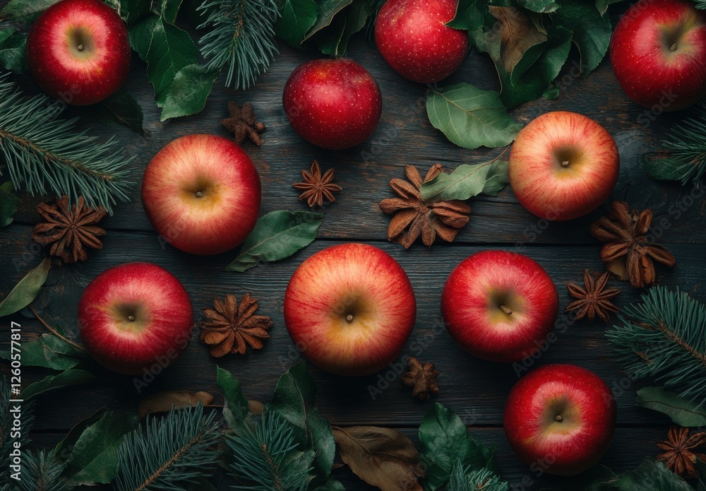 Fresh Red Apples Surrounded by Green Leaves and Rustic Decor on Wooden Table for Seasonal and Nature Themes Fresh Red Apples Surrounded by Green Leaves and Rustic Decor on Wooden Table for Seasonal and Nature Themes
