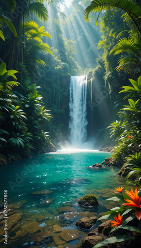 Tropical waterfall cascading into blue lagoon