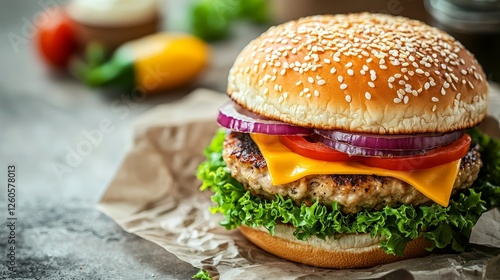 Grilling a juicy hamburger with crispy onions and cheddar cheese backyard bbq food photography outdoor setting mouthwatering concept photo