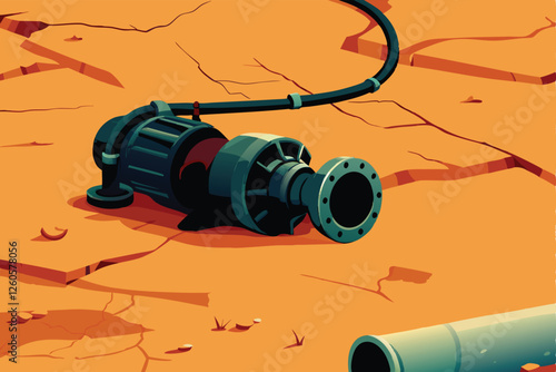 Detailed illustration of a malfunctioning water pump, showing cracked components, dried-up surroundings, and evidence of significant mechanical failure.