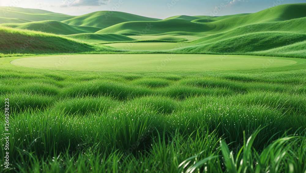 Naklejka premium Green rolling hills and lush grass landscape creating a peaceful and refreshing nature background with scenic countryside beauty