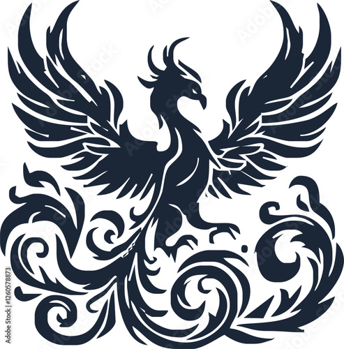 Phoenix. Vector illustration of fire bird in tattoo style. Logo for a sports team or fashionable clothes. Mythical symbol of freedom, rebirth and rising. Phoenix emblem