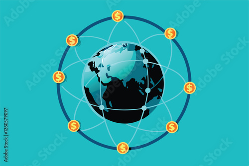 Create a vibrant illustration of a spinning globe encircled by various world currencies, depicting global finance and interconnected economies.