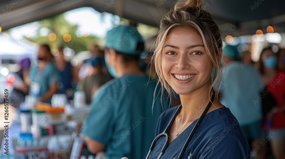 Nurses preparing vaccinations at a community health fair, smiling as they assist attendees.