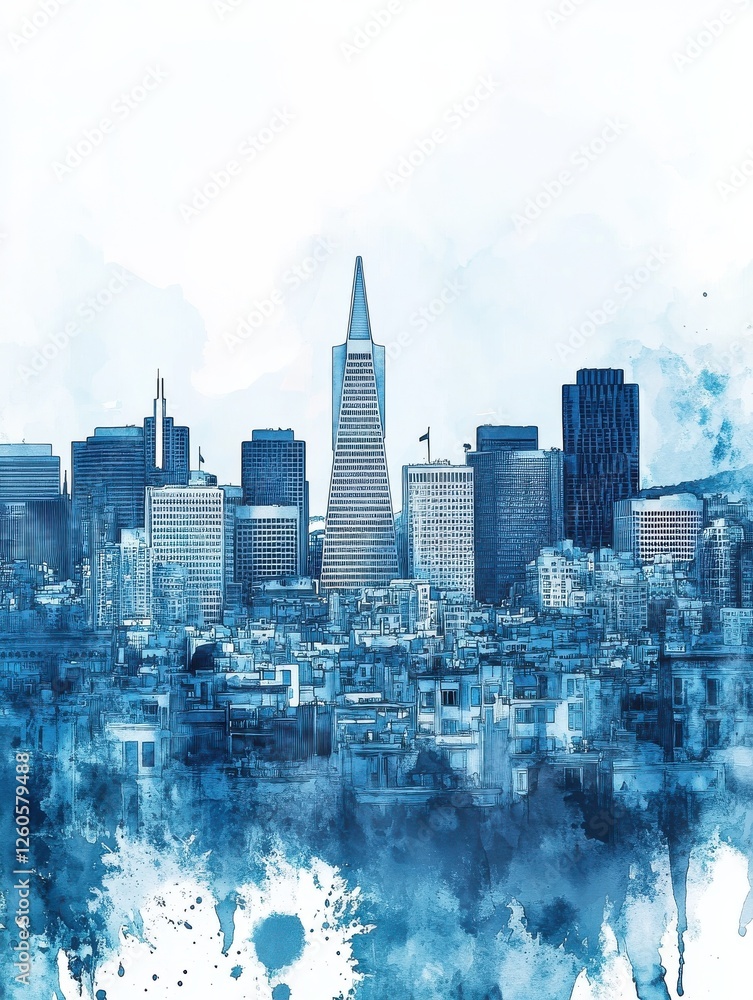 Fototapeta premium Watercolor skyline of San Francisco with iconic Transamerica Pyramid in blue tones - modern urban cityscape art