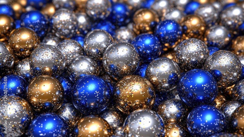 Colorful Shiny Balls in a Beautiful Arrangement of Blue, Gold, and Silver with Sparkling Light Colorful Shiny Balls in a Beautiful Arrangement of Blue, Gold, and Silver with Sparkling Light
