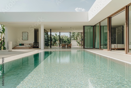 The exterior and interior design of a home or house building is showcased through a tropical pool villa complete with a green garden and bedroom