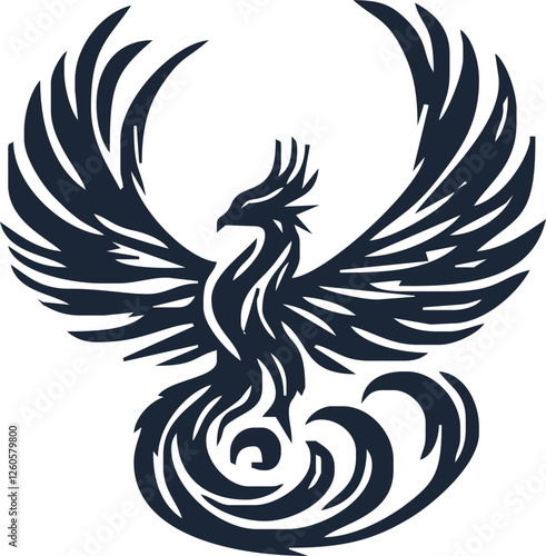 Phoenix. Vector illustration of fire bird in tattoo style. Logo for a sports team or fashionable clothes. Mythical symbol of freedom, rebirth and rising. Phoenix emblem