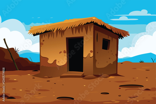 A detailed illustration of a small, dilapidated, overcrowded shack, depicting poverty and despair; focus on the cramped interior and lack of windows.