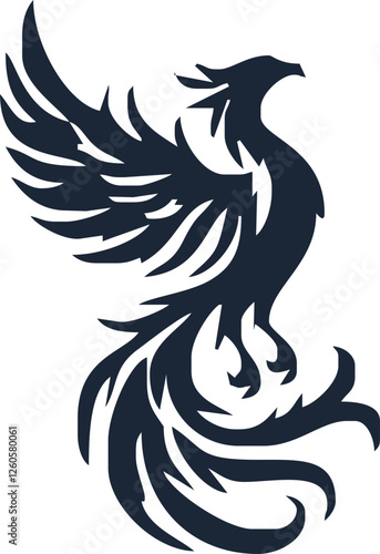Phoenix. Vector illustration of fire bird in tattoo style. Logo for a sports team or fashionable clothes. Mythical symbol of freedom, rebirth and rising. Phoenix emblem