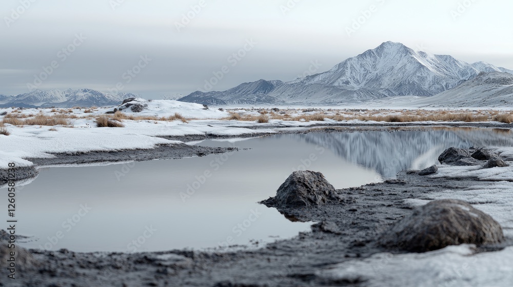 Snowy mountain reflection in calm desert lake Snowy mountain reflection in calm desert lake