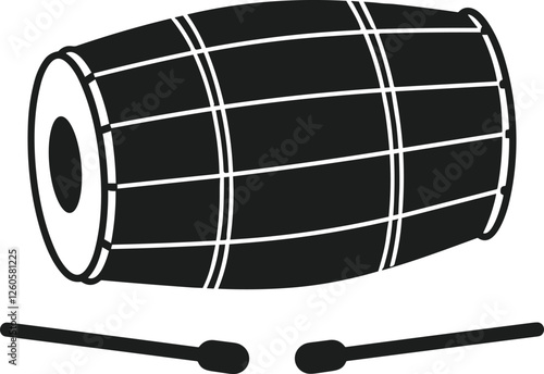 Dhol Drum Silhouette with Drumsticks - Traditional Percussion Instrument Vector