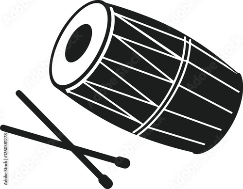 Traditional Dhol Drum Silhouette with Drumsticks - Folk Percussion Instrument Vector