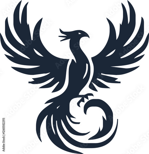 Phoenix. Vector illustration of fire bird in tattoo style. Logo for a sports team or fashionable clothes. Mythical symbol of freedom, rebirth and rising. Phoenix emblem