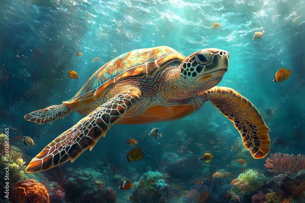Obraz premium Sea turtle swims coral reef, sunlit ocean. Underwater wildlife scene, nature poster