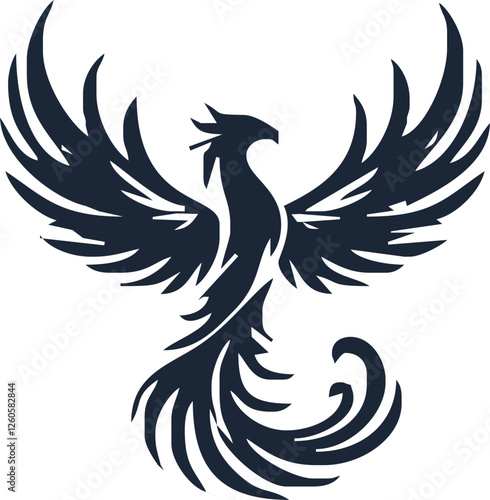 Phoenix. Vector illustration of fire bird in tattoo style. Logo for a sports team or fashionable clothes. Mythical symbol of freedom, rebirth and rising. Phoenix emblem