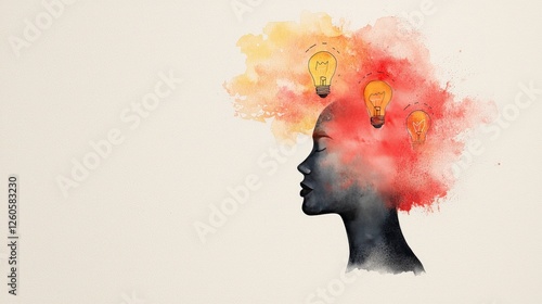 Colorful Silhouette of a Woman with Light Bulbs Representing Ideas and Creativity in a Dreamlike Setting
