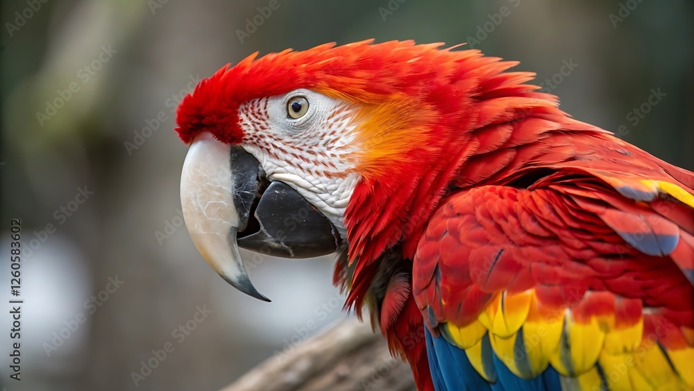 A vibrant red and yellow macaw parrot displays its colorful feathers and powerful beak A vibrant red and yellow macaw parrot displays its colorful feathers and powerful beak