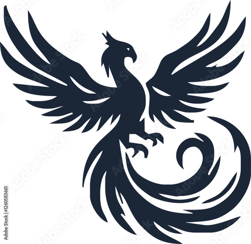 Phoenix. Vector illustration of fire bird in tattoo style. Logo for a sports team or fashionable clothes. Mythical symbol of freedom, rebirth and rising. Phoenix emblem