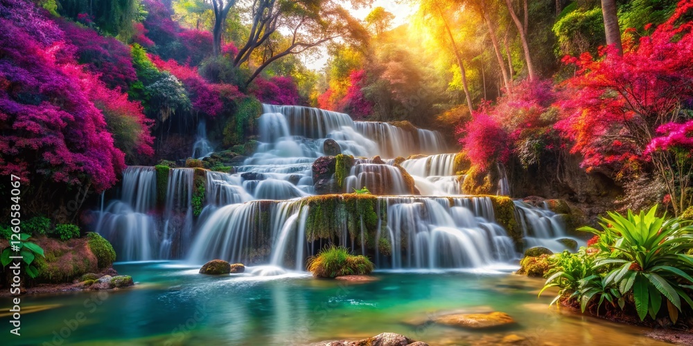 Obraz premium Colorful Double Exposure: Pha Charoen Waterfall, Mae Sot, Thailand