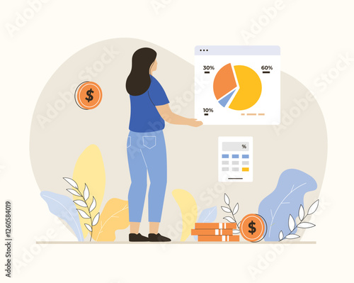 Financial data analysis, analytics, calculation concept. Woman analyzes graphs, charts, dashboard, counting money. Flat vector illustration.