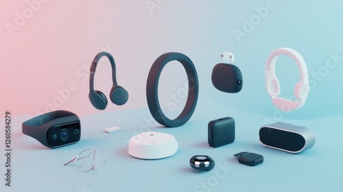 Assortment of modern technology and wearable devices on a studio backdrop