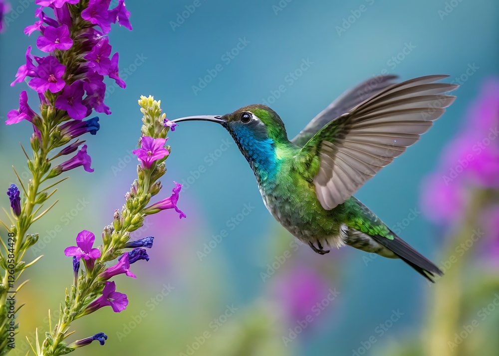 A small blue-tailed hummingbird hovers in flight, its wings a blur as it sips nectar from a vibrant flower A small blue-tailed hummingbird hovers in flight, its wings a blur as it sips nectar from a vibrant flower