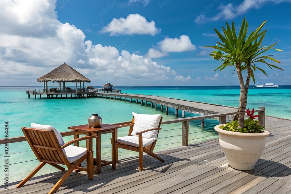 Fototapeta premium Relaxing beach resort view with chairs, table, and ocean in the background perfect for a tropical summer vacation