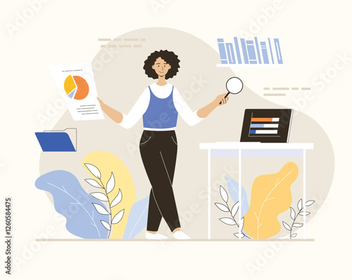 Online marketing, data analysis concept. Woman works with documents, graphs and charts in the office. Flat vector illustration.