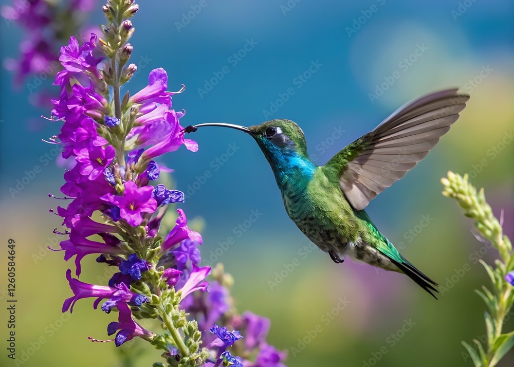 Naklejka premium Ruby-throated hummingbird hovering over a flower feeding on nectar in nature