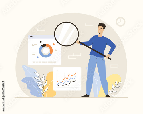 Data analytics or marketing seo optimization concept. Man analyzes graphs, charts, dashboard, prepares a report. Flat vector illustration.