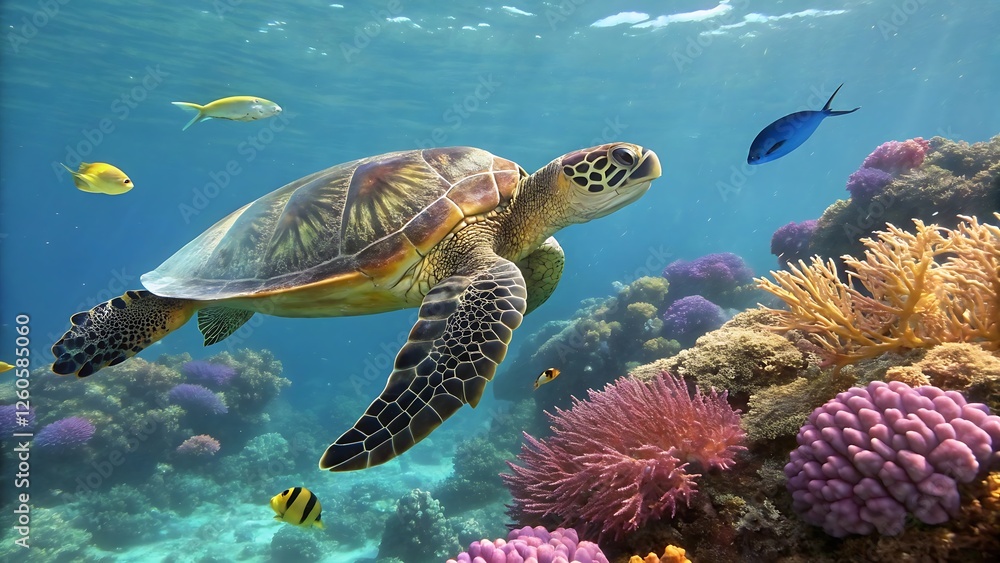 Fototapeta premium Green sea turtle swimming through a vibrant underwater reef with colorful fish and coral