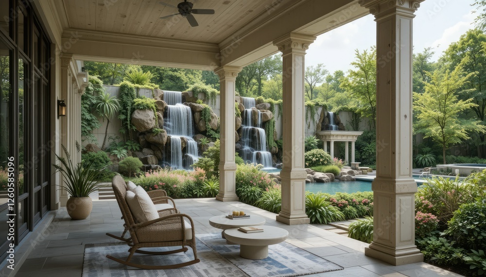 Fototapeta premium An inviting veranda with a comfortable rocking chair and a minimalist table, overlooking a stunning artificial waterfall and a carefully landscaped garden for a relaxing ambiance