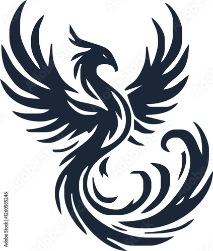 Phoenix. Vector illustration of fire bird in tattoo style. Logo for a sports team or fashionable clothes. Mythical symbol of freedom, rebirth and rising. Phoenix emblem