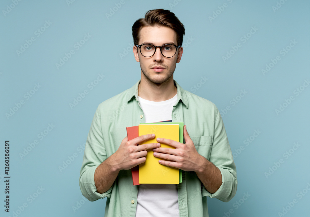 Man holding colorful books with serious expression student lifestyle portrait Man holding colorful books with serious expression student lifestyle portrait