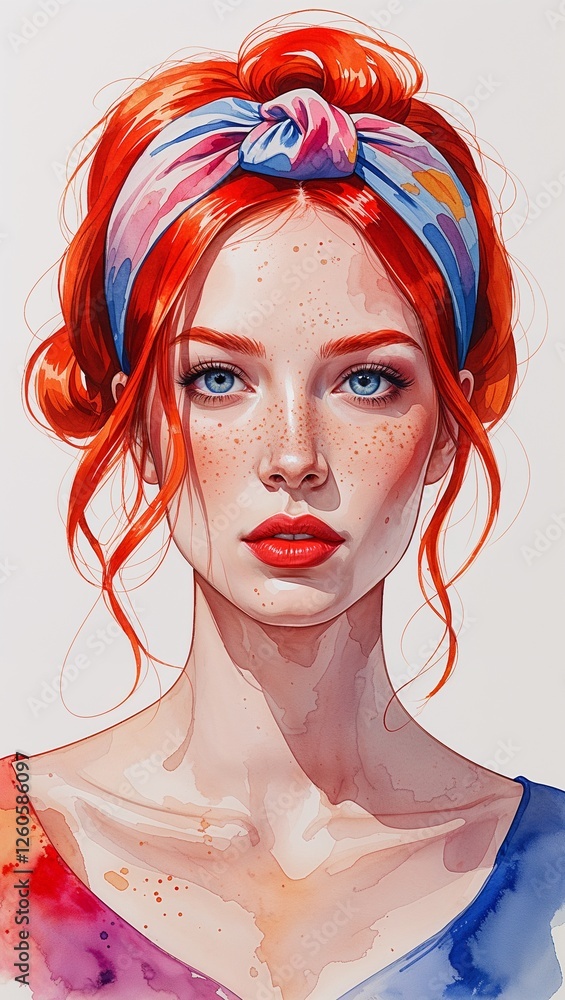 Φωτογραφία Woman with Bright Red Hair and a Headband watercolor in Colorful Portraits on pl
