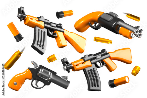 Set of weapons and ammunition in realistic style. Submachine gun, rifle, drum revolver, bullets