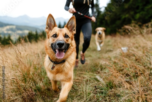 Woman and dogs run on trail through mountains. Exercise and nature background