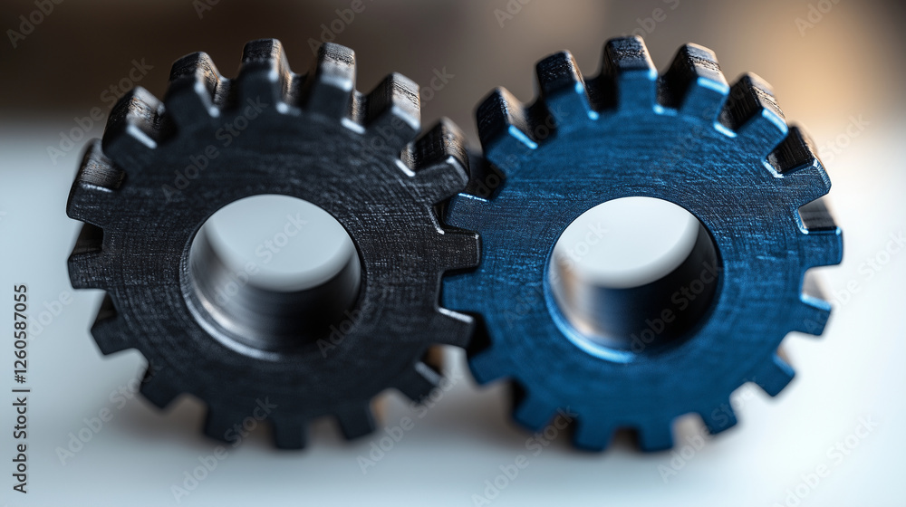 Two meshed gears, one blue and one gray, symbolize collaboration Two meshed gears, one blue and one gray, symbolize collaboration